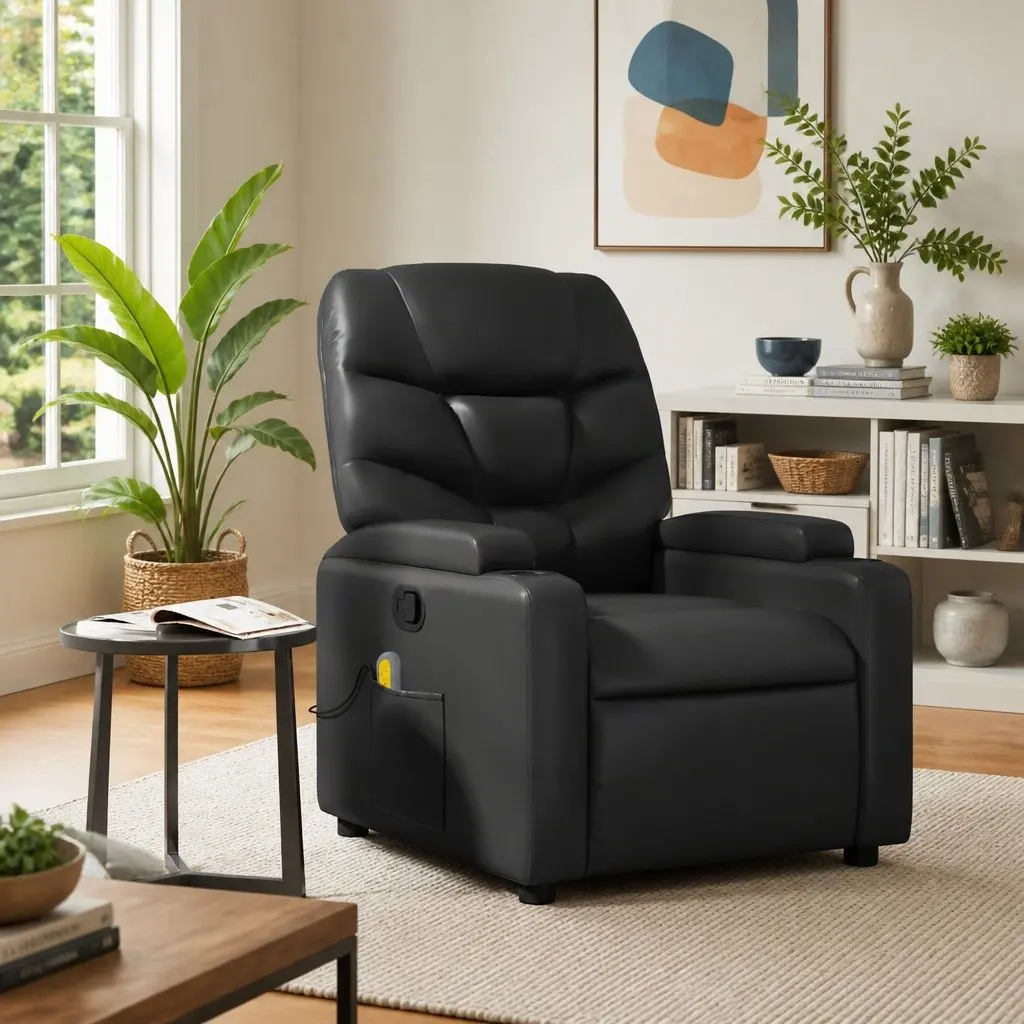 Massage Recliner Chair Black Faux Leather Manual Recline Vibration 6 Points