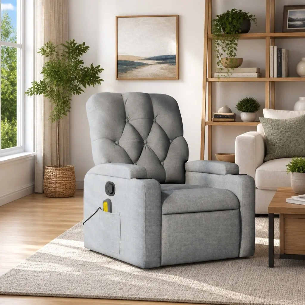 Massage Recliner Chair Grey Fabric Manual Recline Vibration 135 Degrees