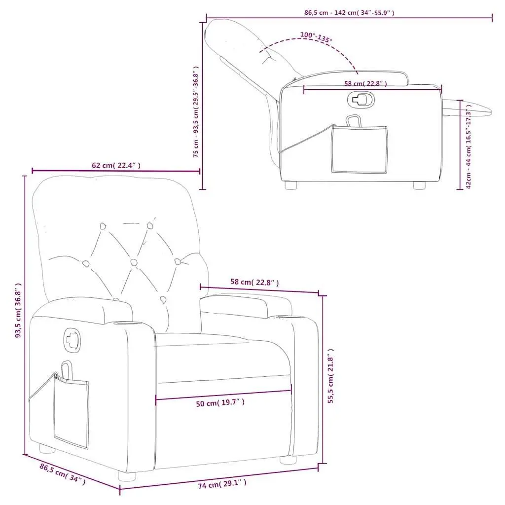 Massage Recliner Chair Grey Fabric Manual Recline Vibration 135 Degrees