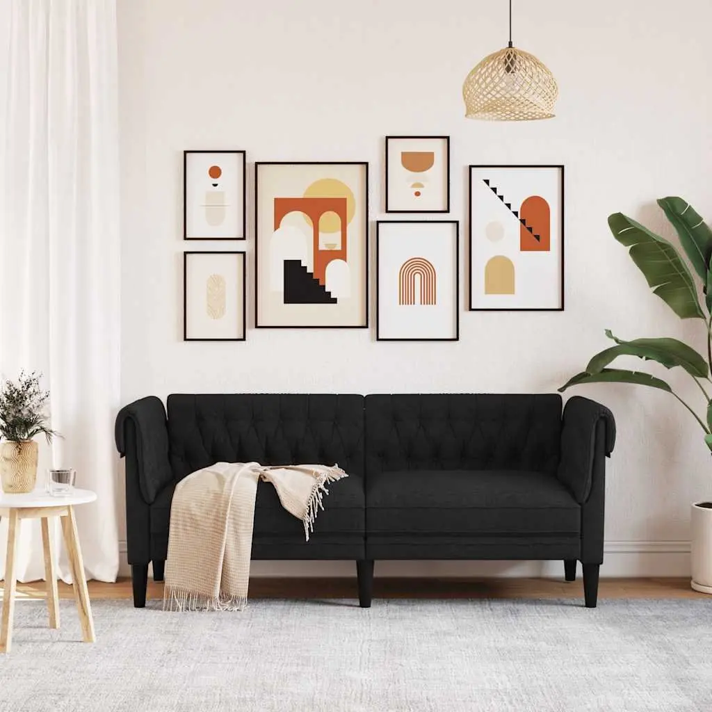 2-Seater Chesterfield Sofa Black Fabric Living Room Couch Classic Rolled Arm
