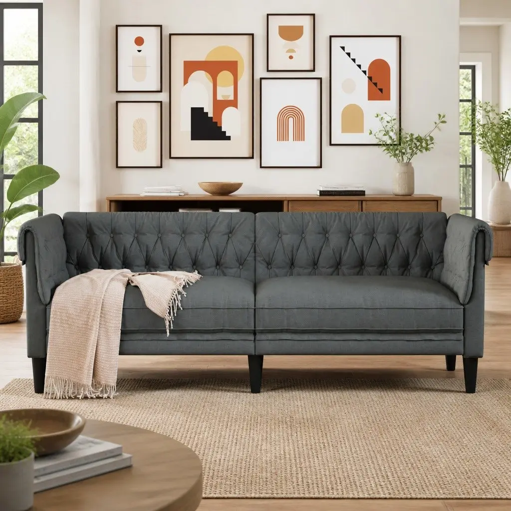 3-Seater Chesterfield Sofa Grey Fabric Living Room Couch Rolled Arm Design