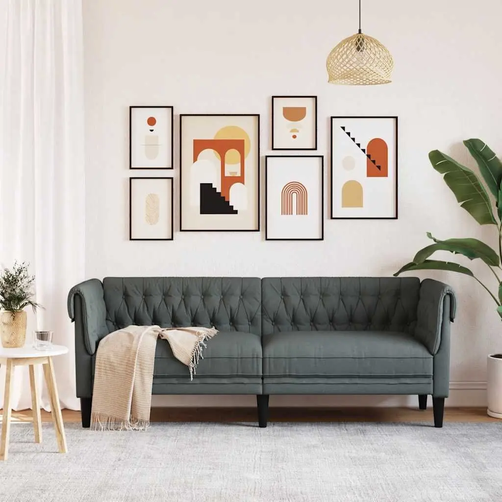3-Seater Chesterfield Sofa Grey Fabric Living Room Couch Rolled Arm Design