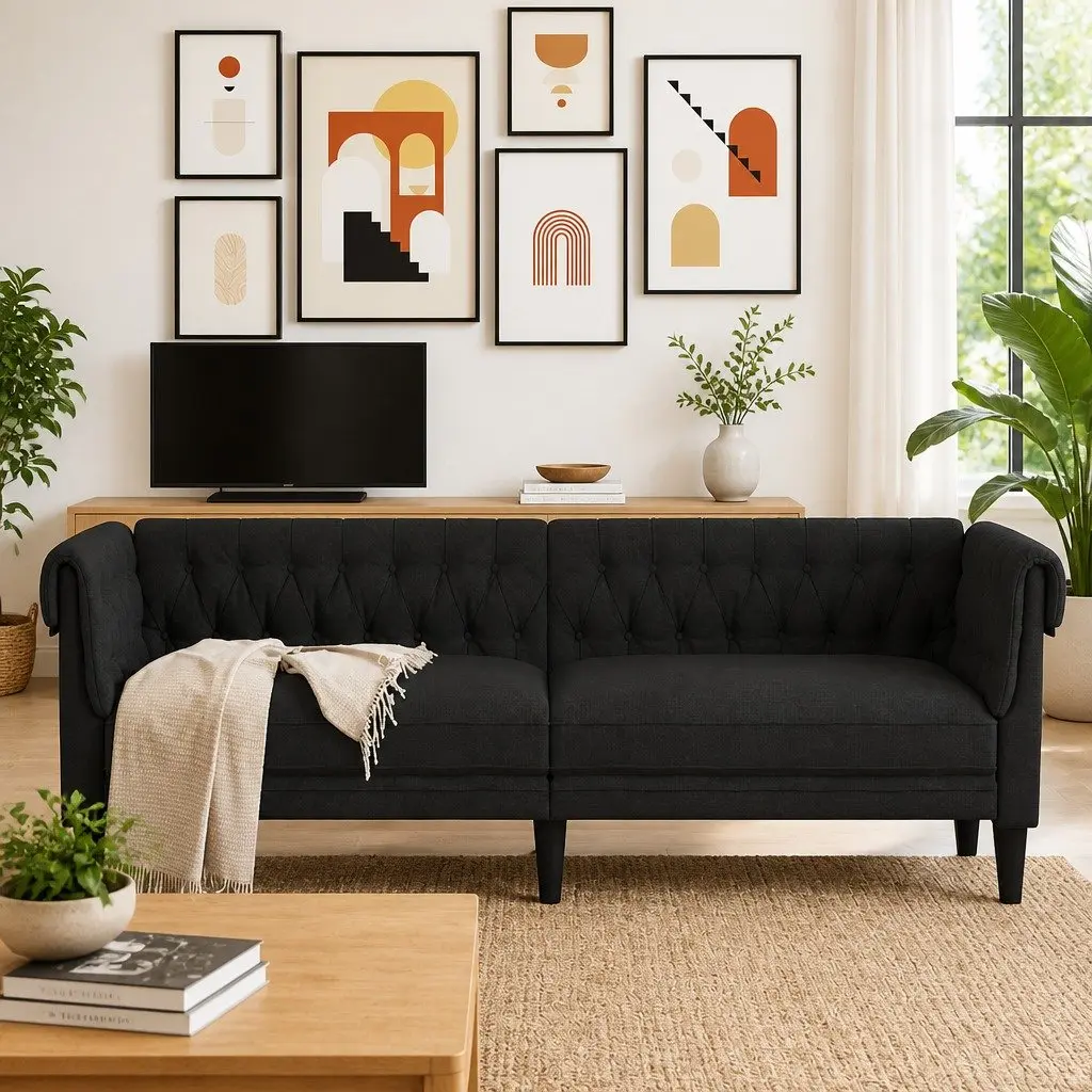 Chesterfield Sofa Black Fabric Deep Backrest Rolled Arm 3-Seater for Living Room