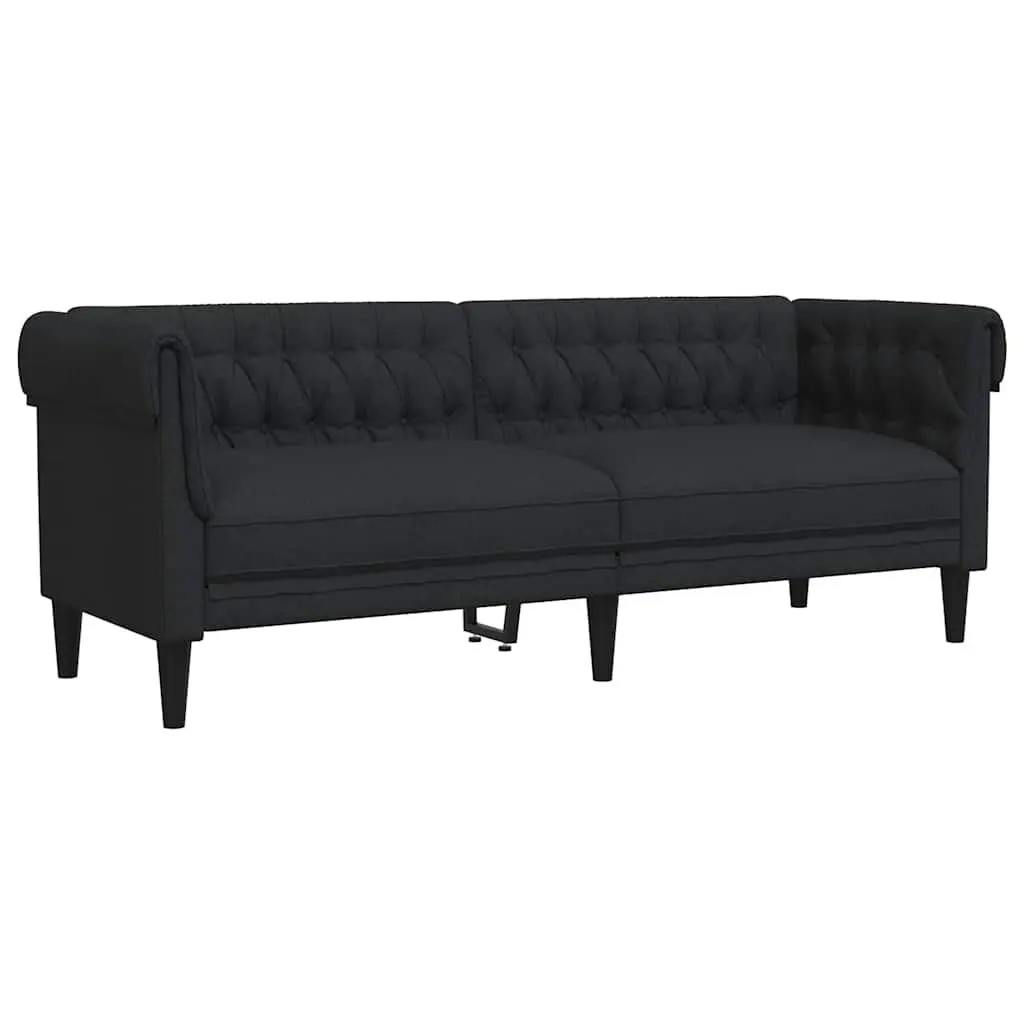 Chesterfield Sofa Black Fabric Deep Backrest Rolled Arm 3-Seater for Living Room