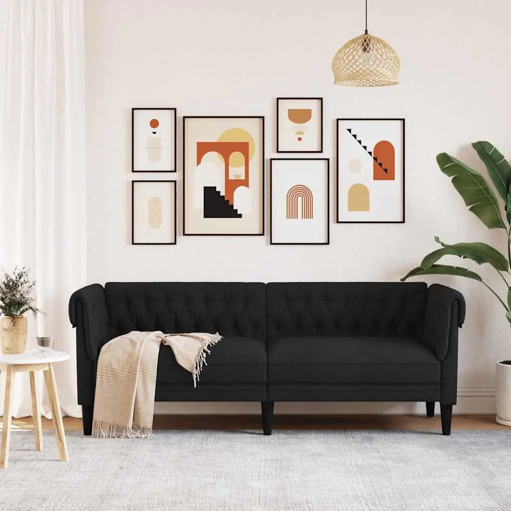 Chesterfield Sofa Black Fabric Deep Backrest Rolled Arm 3-Seater for Living Room