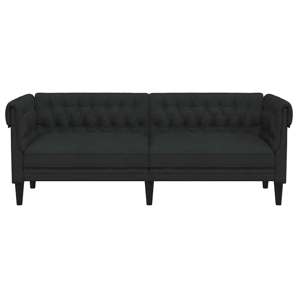 Chesterfield Sofa Black Fabric Deep Backrest Rolled Arm 3-Seater for Living Room