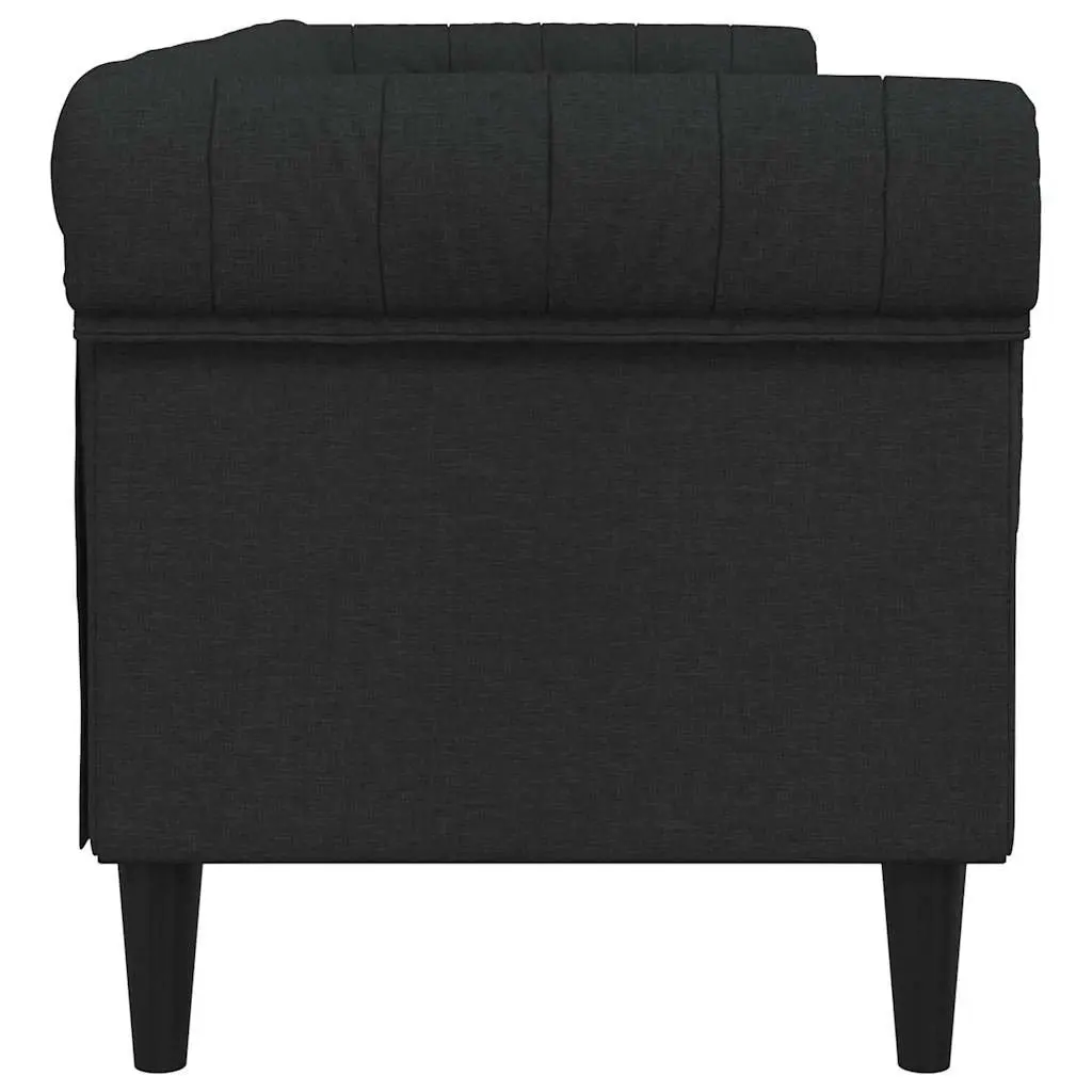 Chesterfield Sofa Black Fabric Deep Backrest Rolled Arm 3-Seater for Living Room