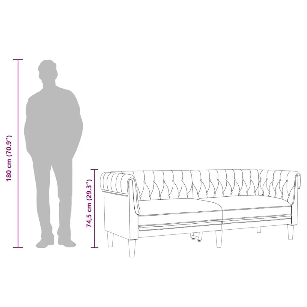 Chesterfield Sofa Black Fabric Deep Backrest Rolled Arm 3-Seater for Living Room