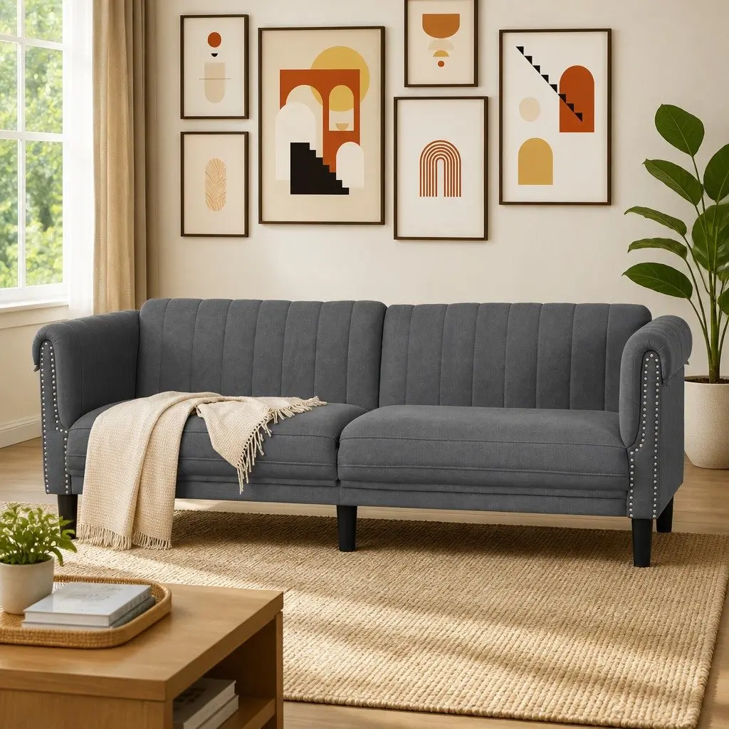 3-Seater Sofa Grey Velvet Upholstered Modern Couch