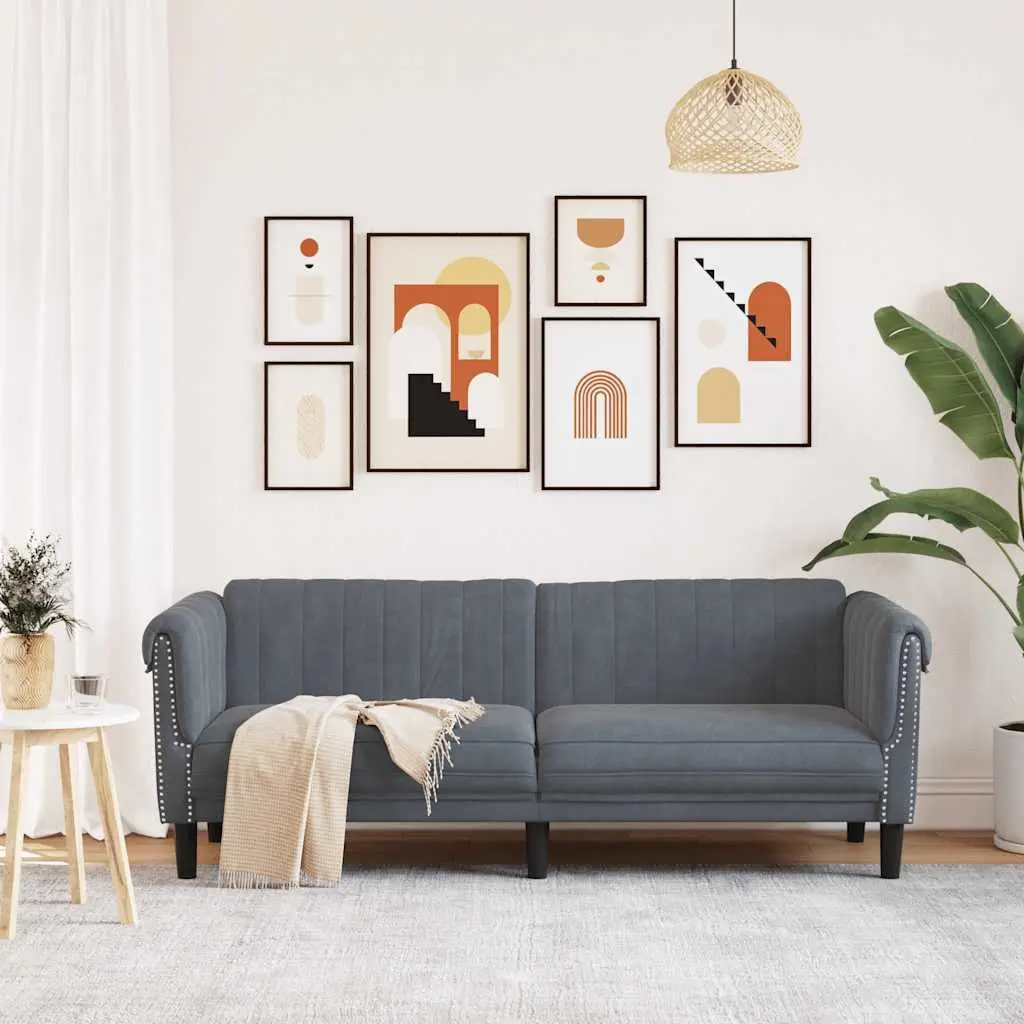 3-Seater Sofa Grey Velvet Upholstered Modern Couch