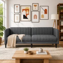 3-Seater Sofa Grey Fabric Living Room Couch Modern Design Comfortable Seating