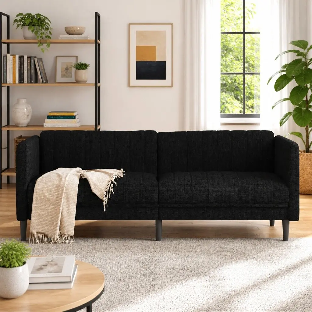 3-Seater Sofa Black Fabric Living Room Couch Comfortable Padded Armrests