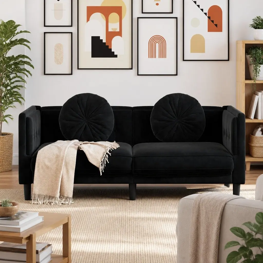 2-Seater Sofa Black Velvet Couch Living Room Furniture Comfortable Padded