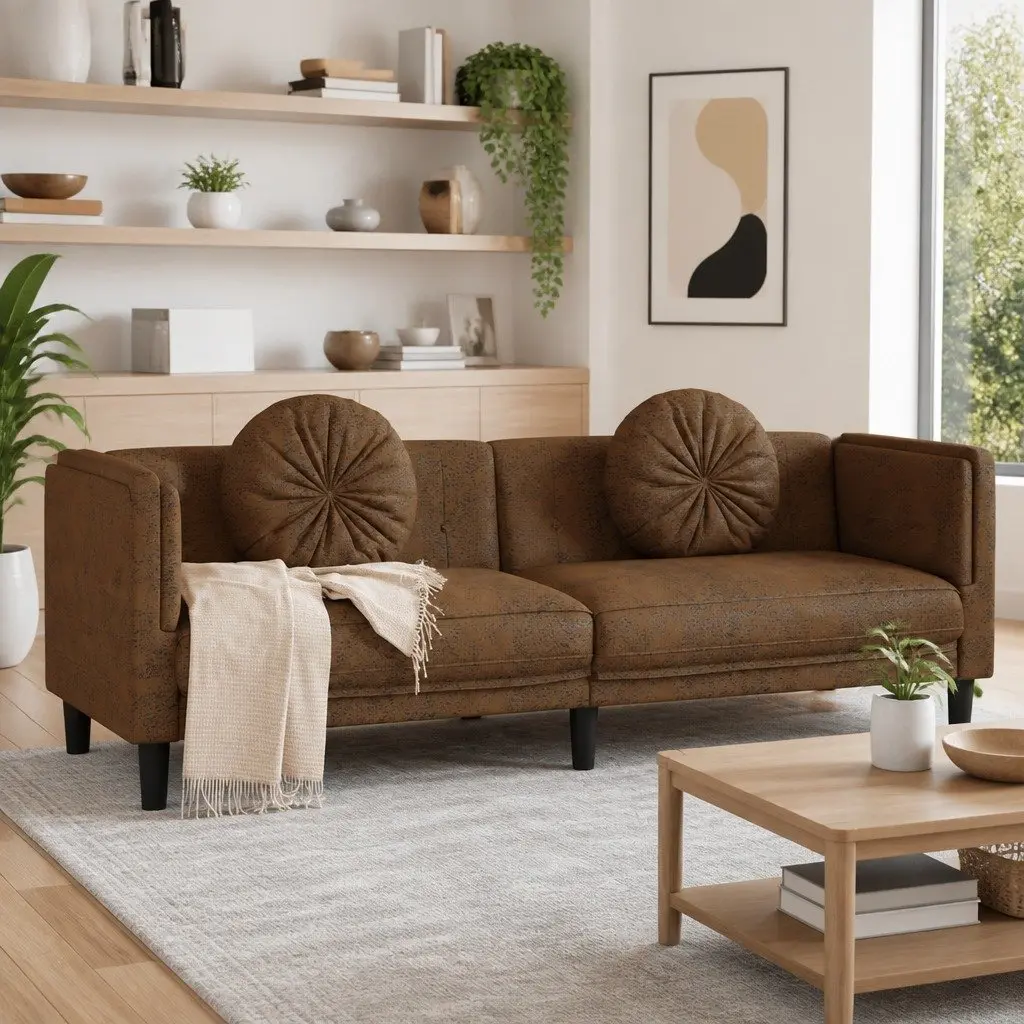 3-Seater Sofa Brown Faux Suede Leather Living Room Couch Padded Armrests