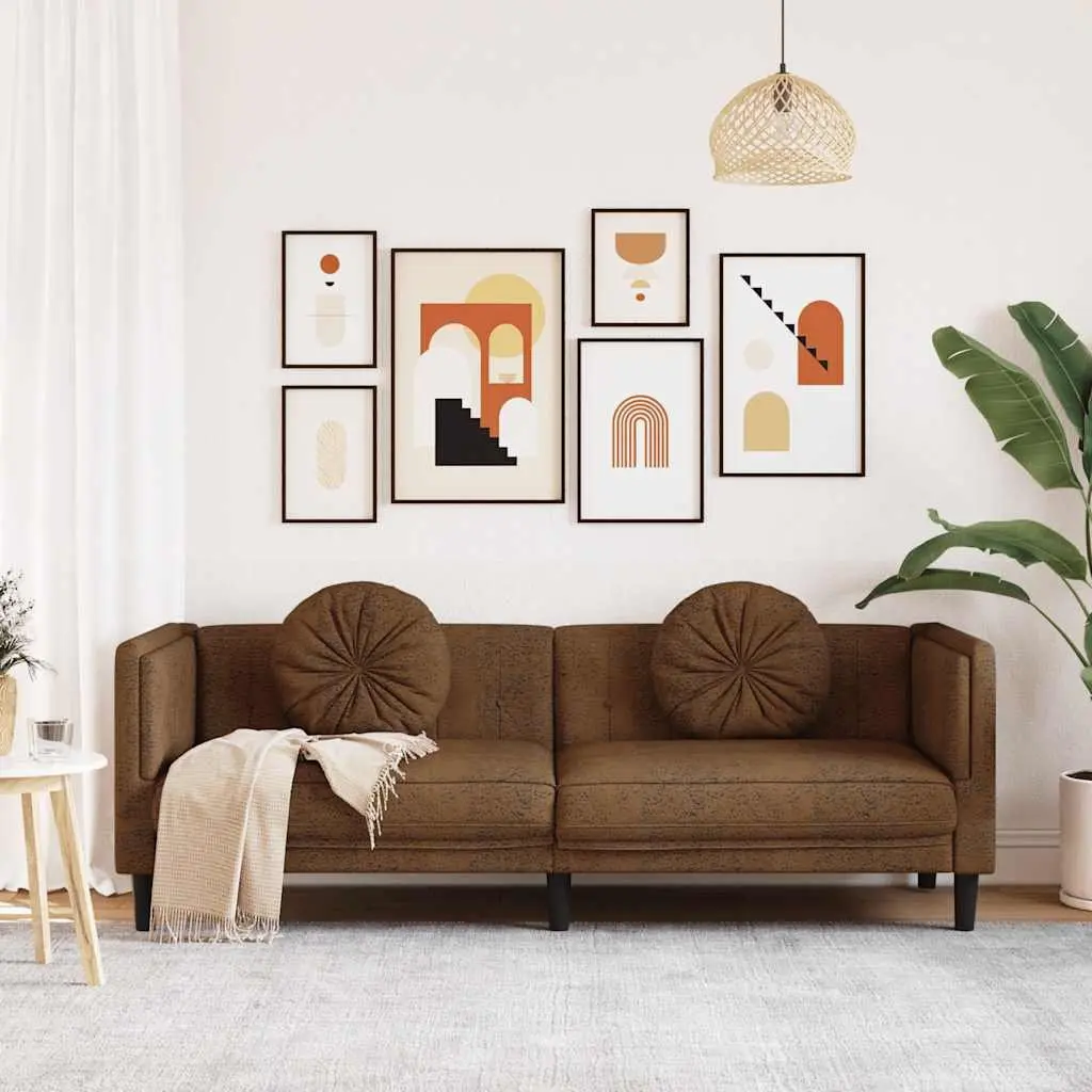 3-Seater Sofa Brown Faux Suede Leather Living Room Couch Padded Armrests