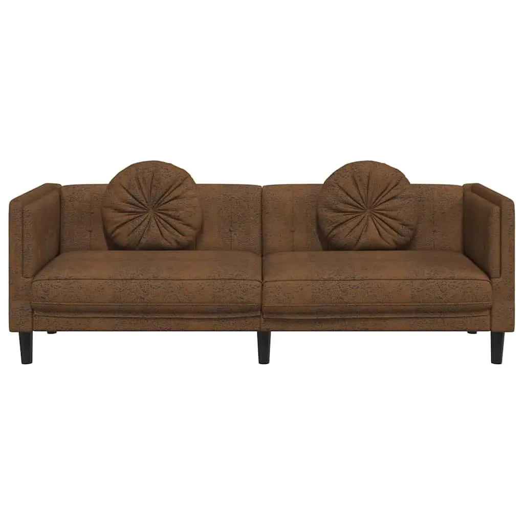 3-Seater Sofa Brown Faux Suede Leather Living Room Couch Padded Armrests