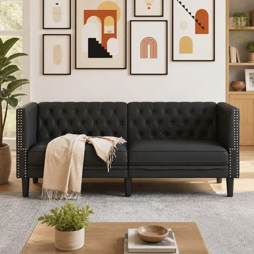 2-Seater Chesterfield Sofa Black Faux Leather Button Tufted