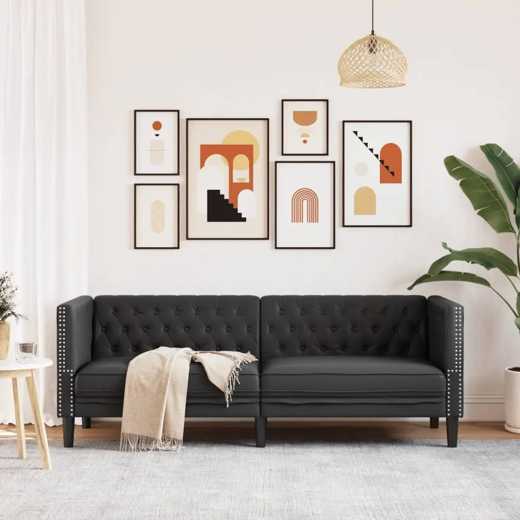 3-Seater Chesterfield Sofa Black Faux Leather Button Tufted