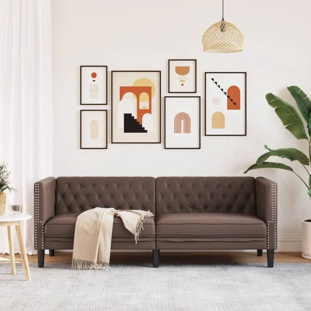 3-Seater Chesterfield Sofa Brown Faux Leather Button Tufted