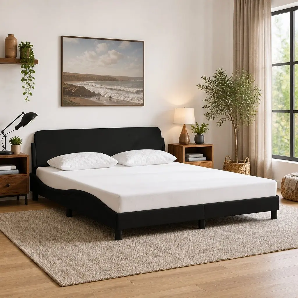 King Bed Frame Black Fabric 180x200 cm Plywood Slats