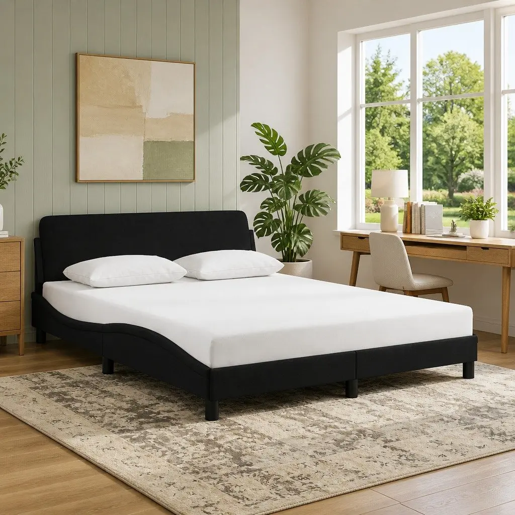 Queen Bed Frame Black Velvet Upholstered Headboard 152x203cm