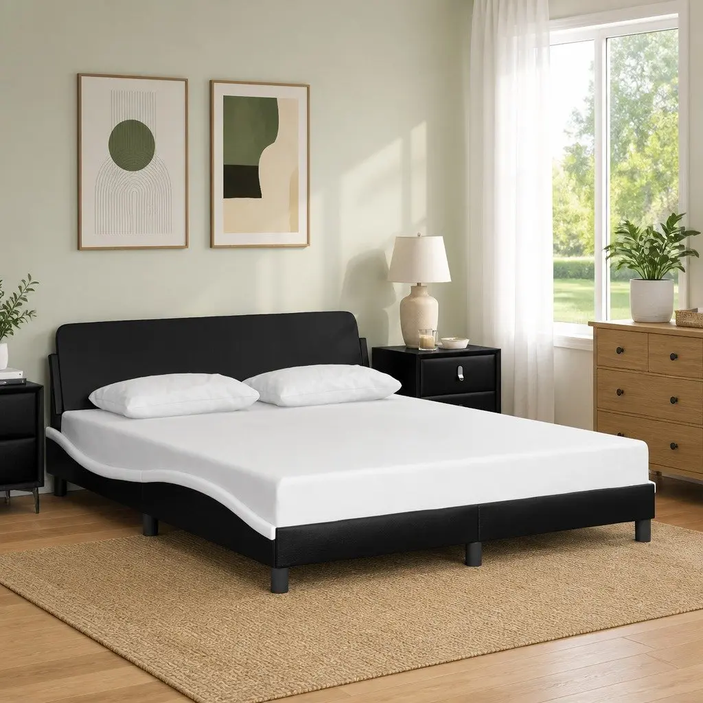 Queen Bed Frame Black Faux Leather Headboard 152x203cm Bedroom Furniture