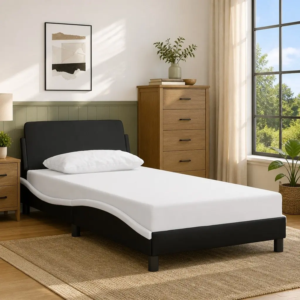 King Single Bed Frame with Headboard Faux Leather Black White Bedroom Furniture