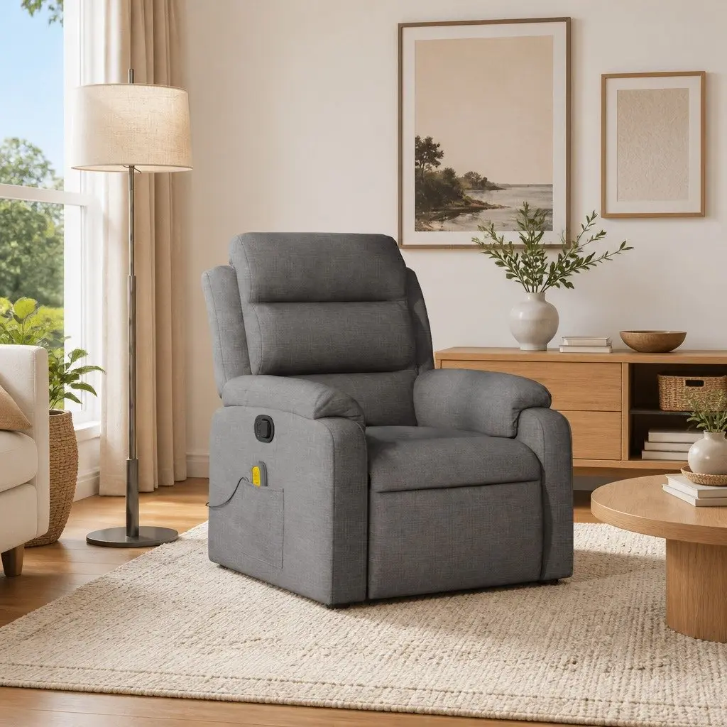 Massage Recliner Chair Manual Reclining Grey Fabric 6 Point Vibration