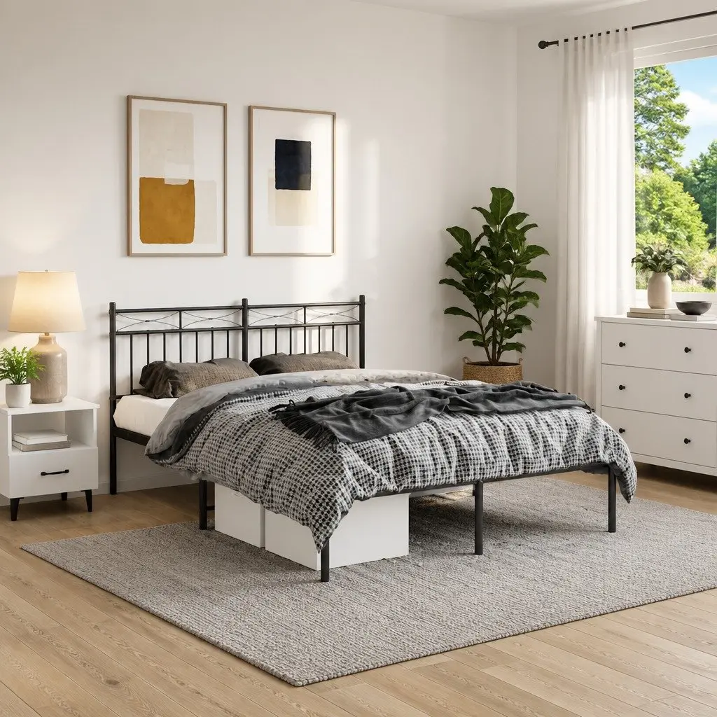 Metal Bed Frame 150x200 cm with Headboard in Black