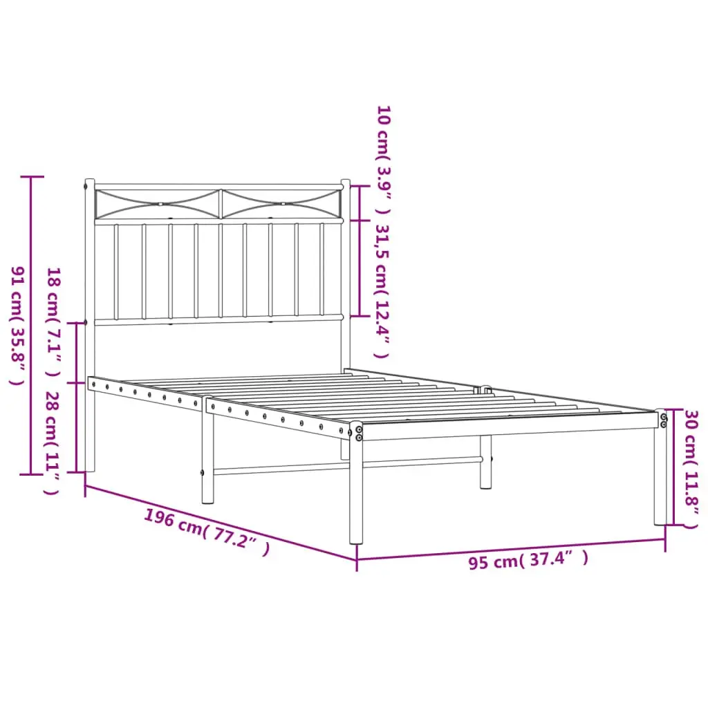 Metal Bed Frame with Headboard White 90x190 cm Steel
