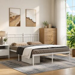 Metal Bed Frame White 135x190 cm with Headboard Steel Slats Support Storage