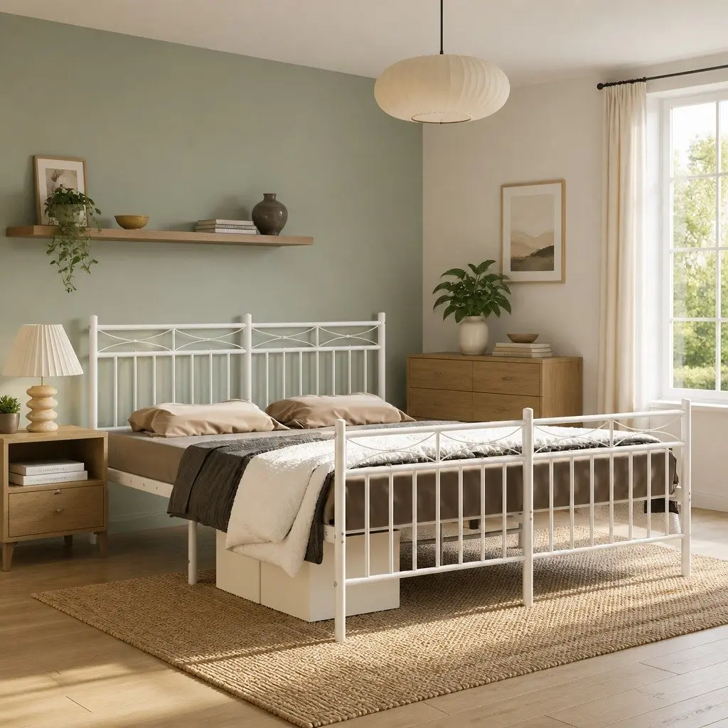 Metal Bed Frame 135x190 cm with Footboard Headboard White Steel Bedroom