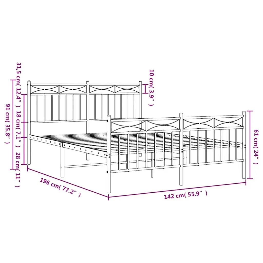 Metal Bed Frame 135x190 cm with Footboard Headboard White Steel Bedroom