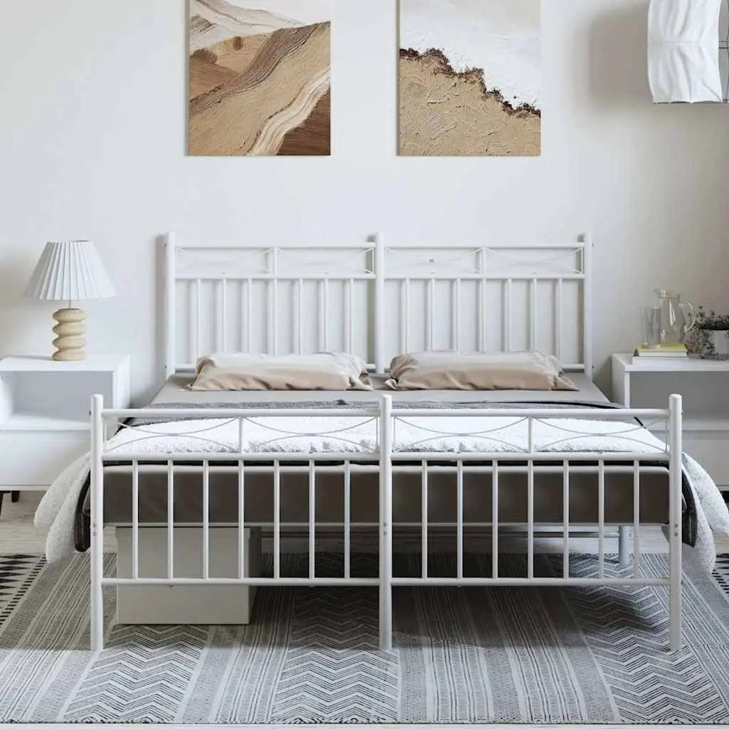 Metal Bed Frame with Footboard White 150x200 cm Slatted Base