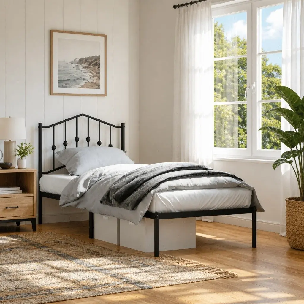 Metal Bed Frame Black 90x190 cm with Headboard and Underbed Storage Space