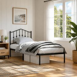 Metal Bed Frame 90x190 cm Black Bedroom Furniture with Headboard Storage Space
