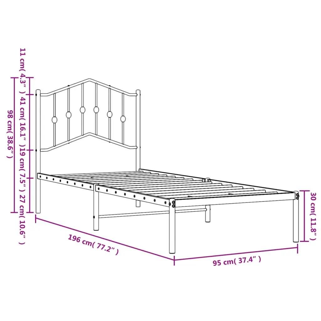 Metal Bed Frame Black 90x190 cm with Headboard and Underbed Storage Space