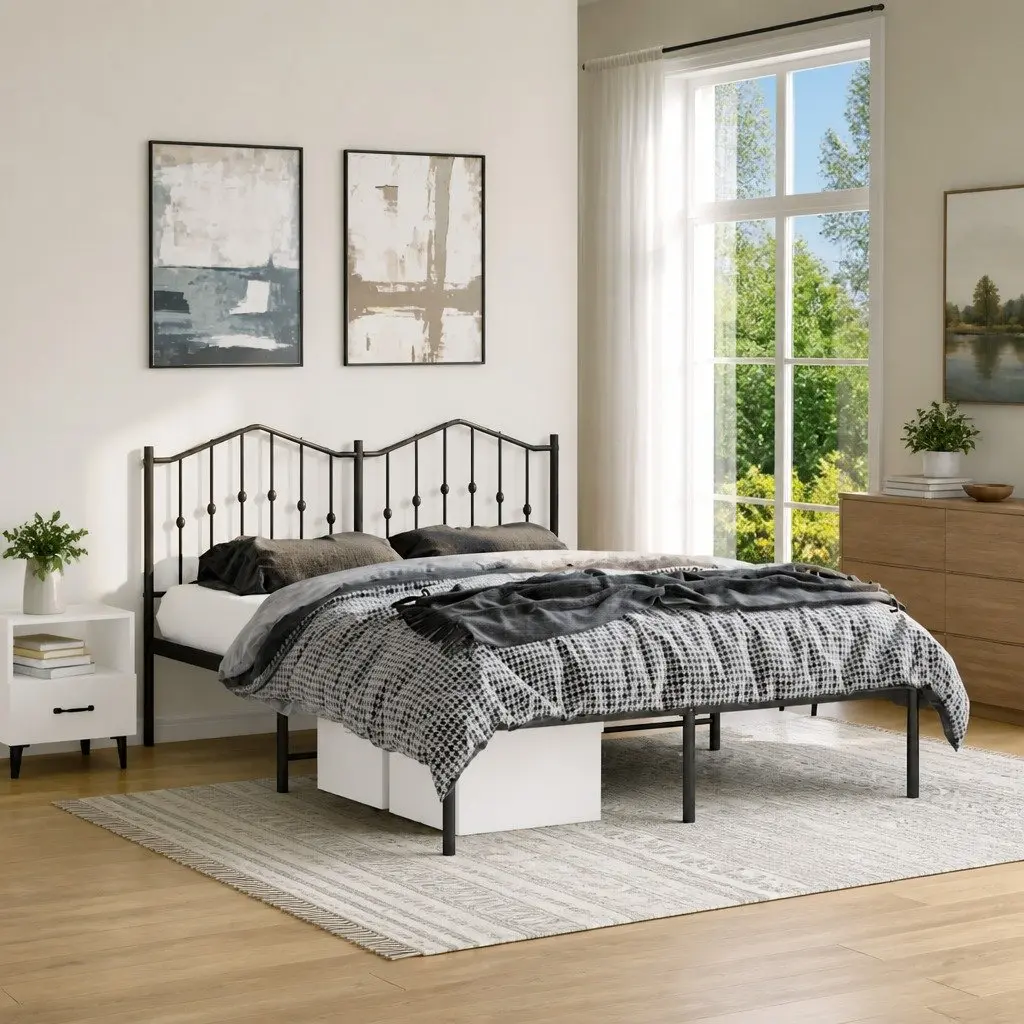 Metal Bed Frame with Headboard Black 135x190 cm Steel Slats