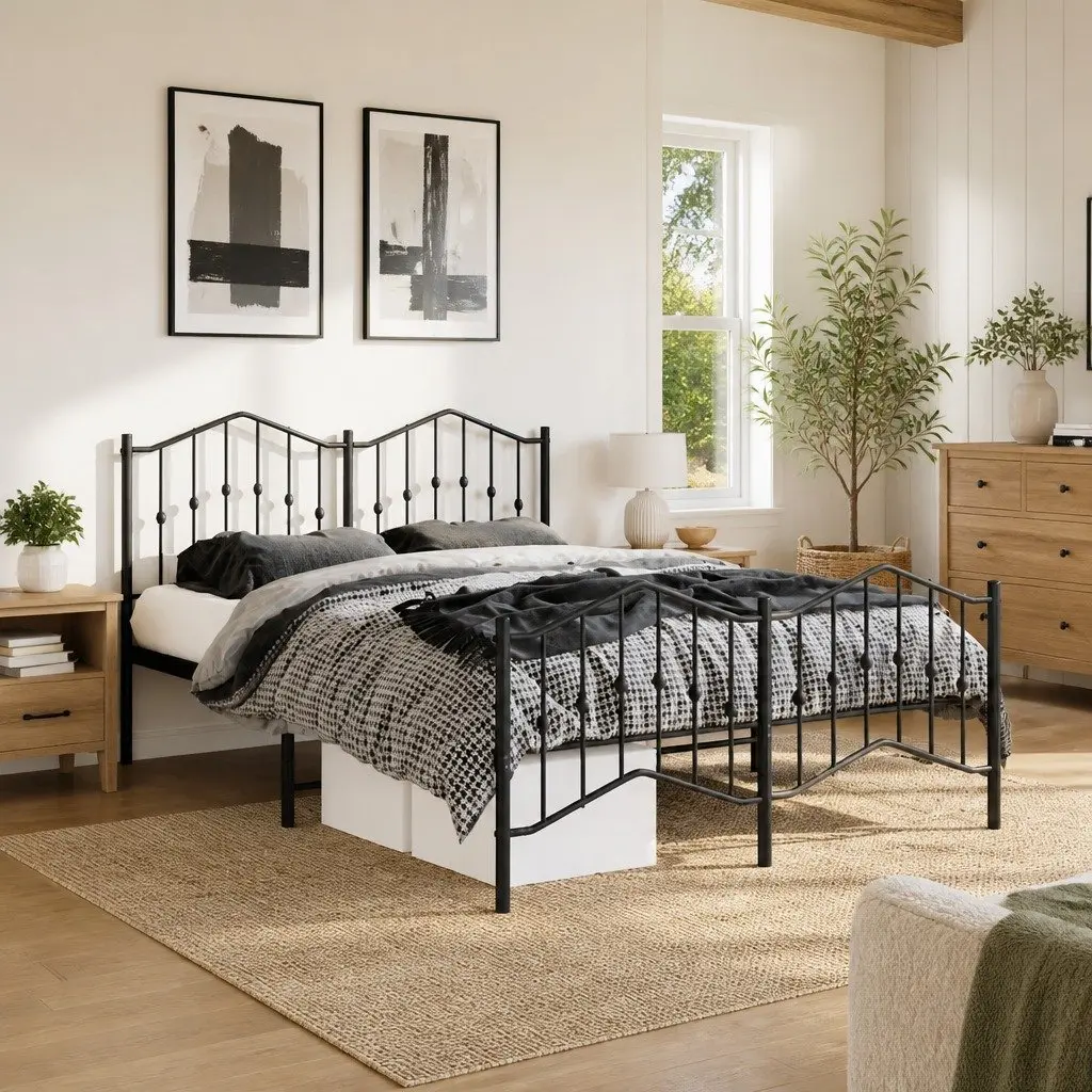 Metal Bed Frame Queen Size Black 150x200cm Powder-coated Steel Construction with Headboard and Footboard