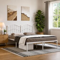 Metal Bed Frame with Headboard White 150x200 cm Slatted Base Bedroom Furniture