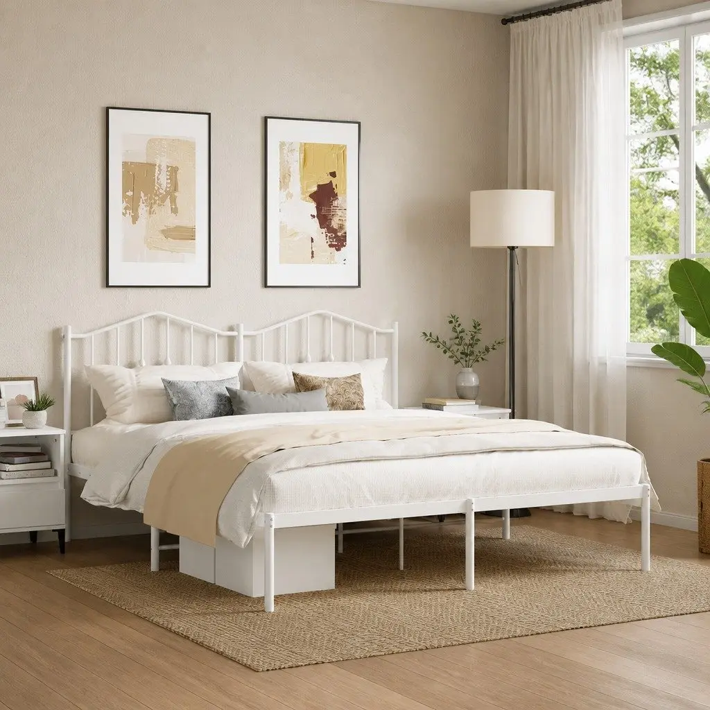 Metal Bed Frame King Size White with Headboard Slatted Base 183x203 cm