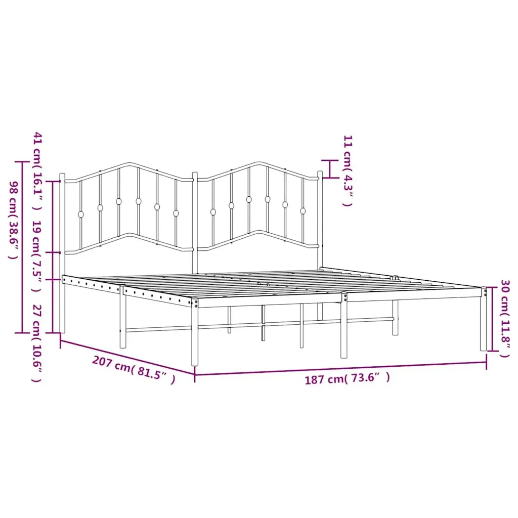 Metal Bed Frame King Size White with Headboard Slatted Base 183x203 cm