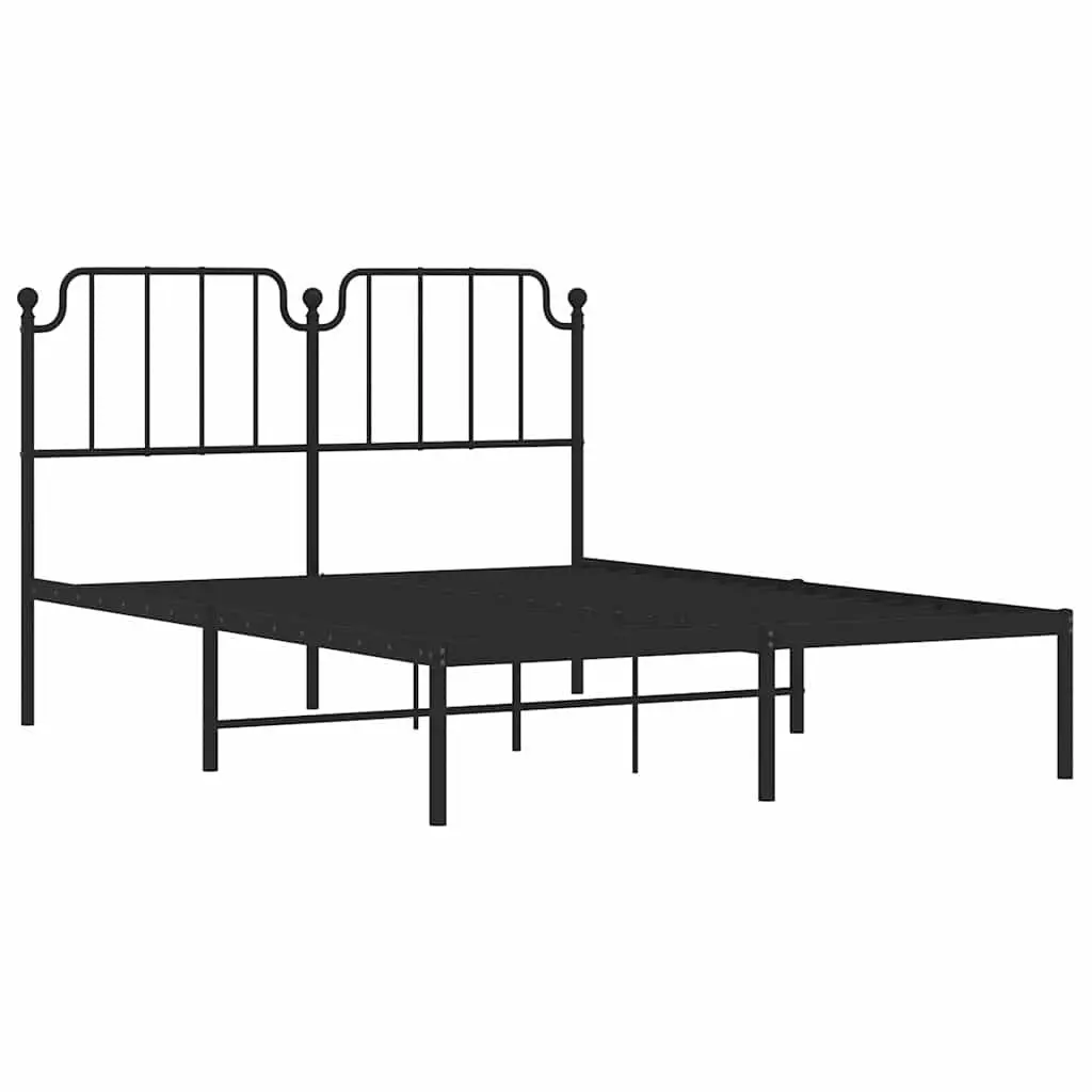 Black Metal Bed Frame 135x190cm with Slatted Base and Headboard for Bedroom Furniture