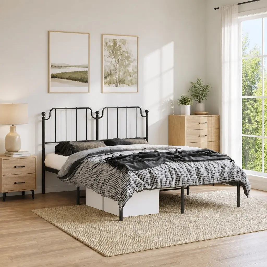 Metal Bed Frame with Headboard Black 150x200 cm