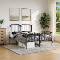 Metal Bed Frame with Footboard and Headboard Black 150x200 cm Bedroom Furniture