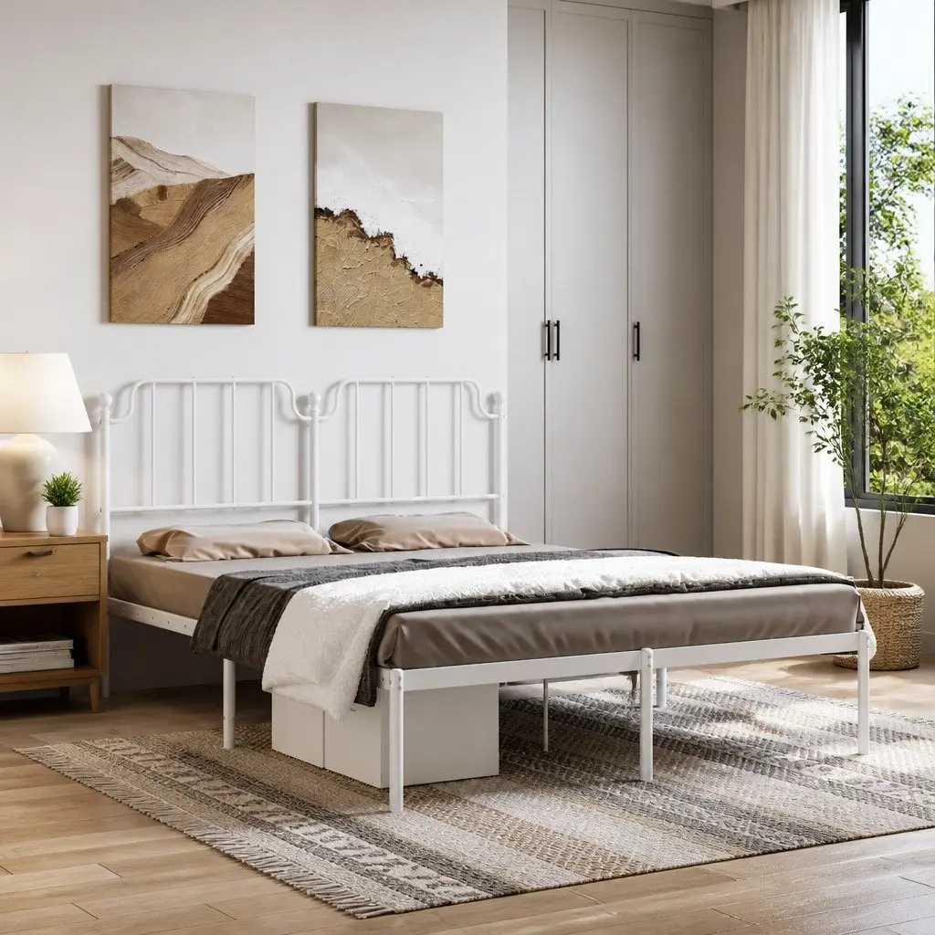 Metal Bed Frame with Headboard White 150x200 cm