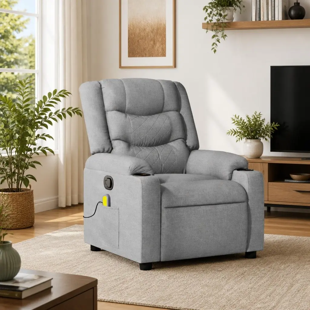 Massage Recliner Chair Manual Reclining Grey Fabric Vibration Footrest