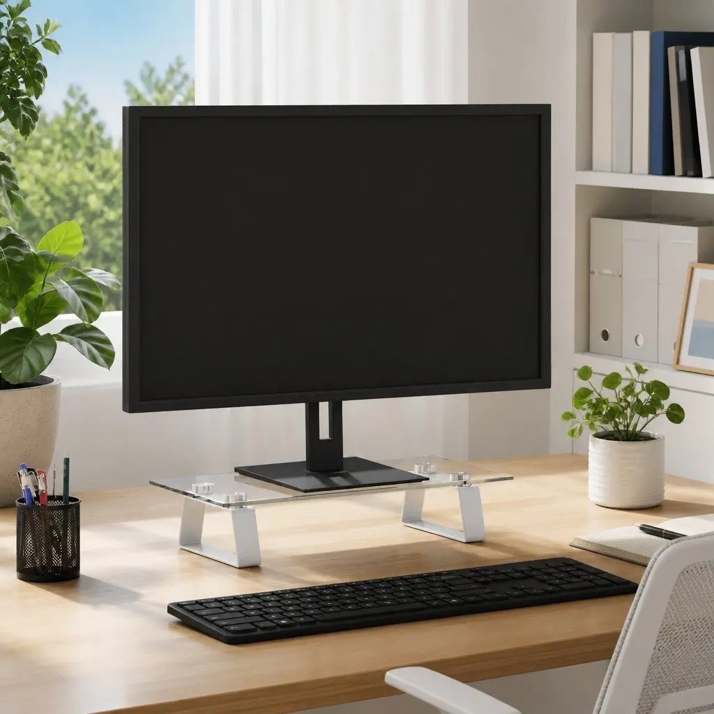 Monitor Stand White Tempered Glass Metal Ergonomic Riser 40 x 20 x 8 cm