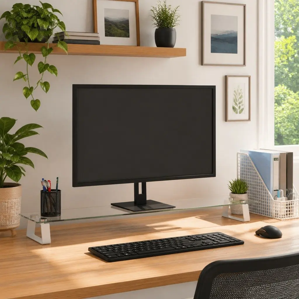 Monitor Stand White Tempered Glass Metal Computer Riser Desk Organiser Storage