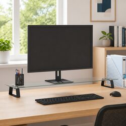 Monitor Stand Black Tempered Glass Metal Computer Riser Desk Organiser Storage